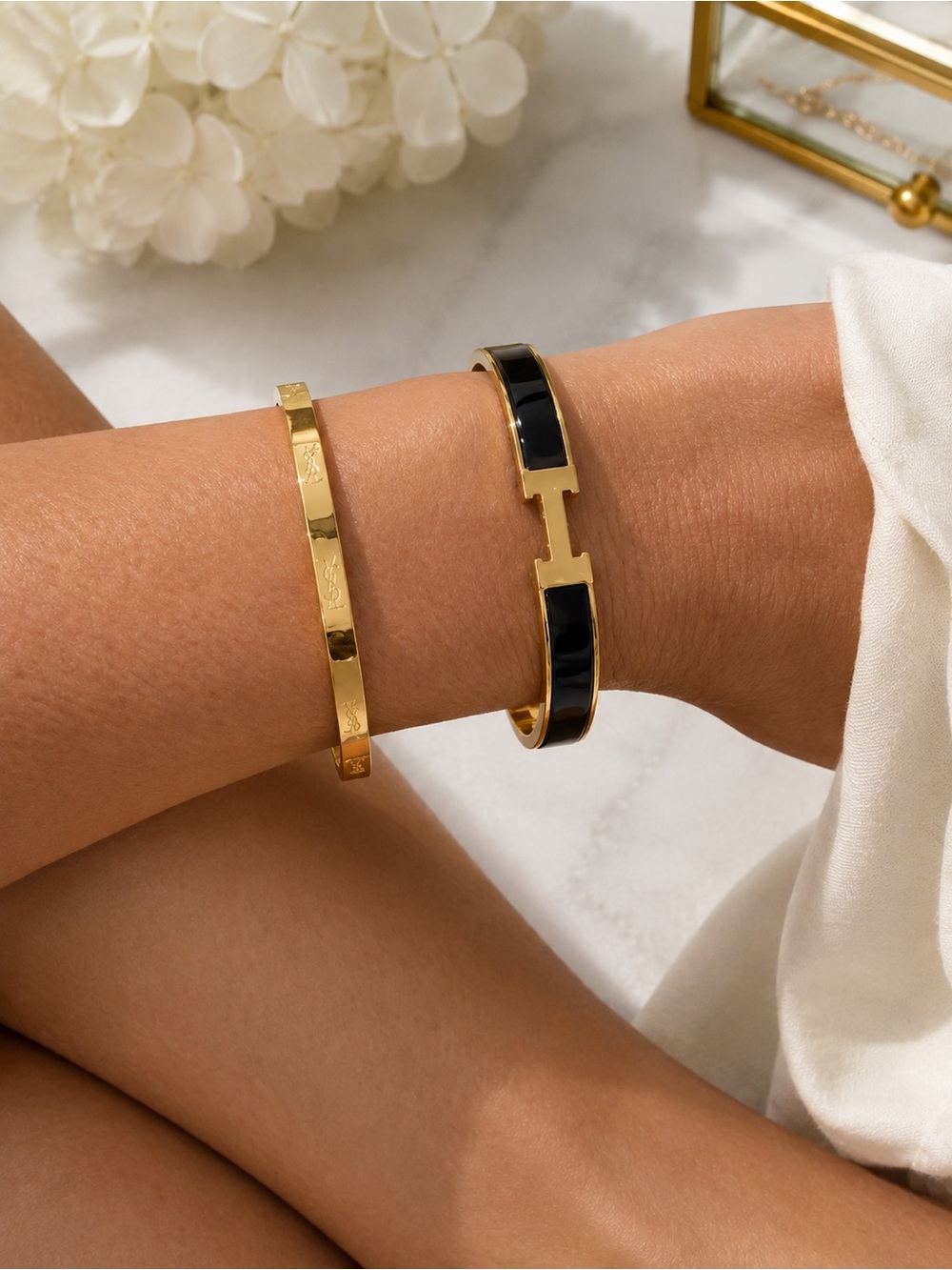 Gold and Black Enamel Cuff Bracelet - Women's Jewelry